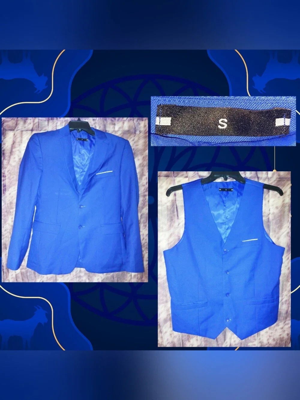 Unbranded 2Pc Set Royal Blue Classic Tailored Fit Soft Woven Blazer & Vest Sz S